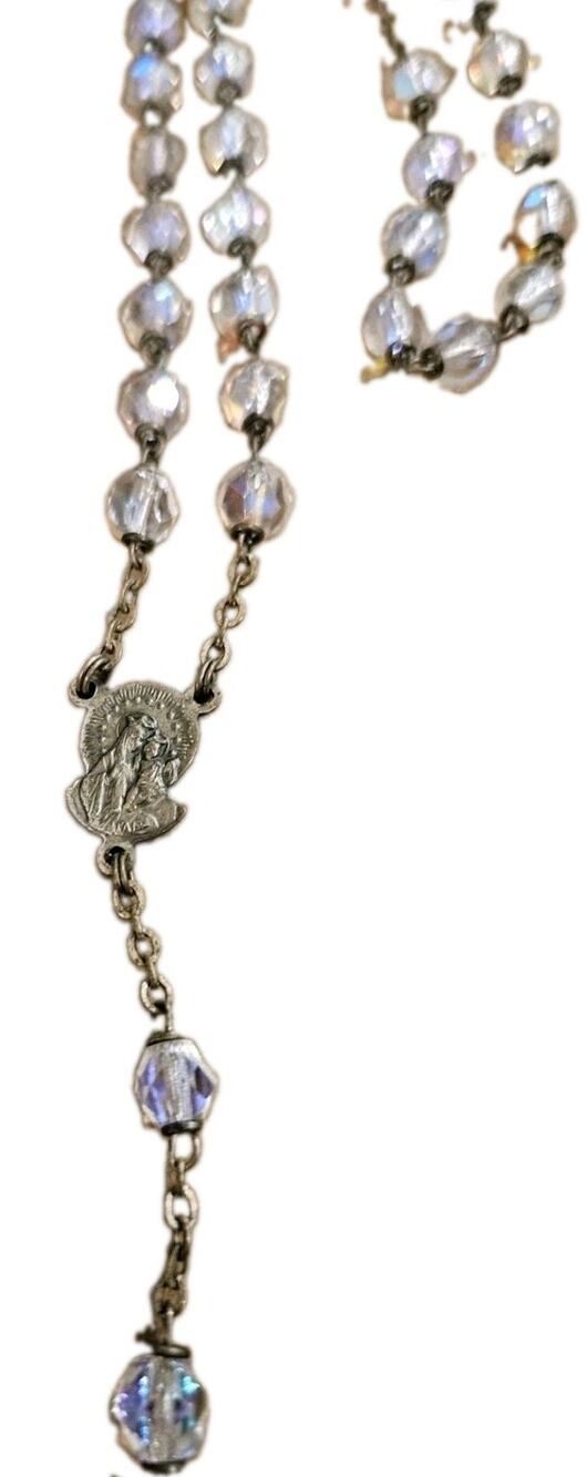 Vintage 18” AB Crystal Glass Bead Rosary Style Necklace Virgin Mary Gold-tone